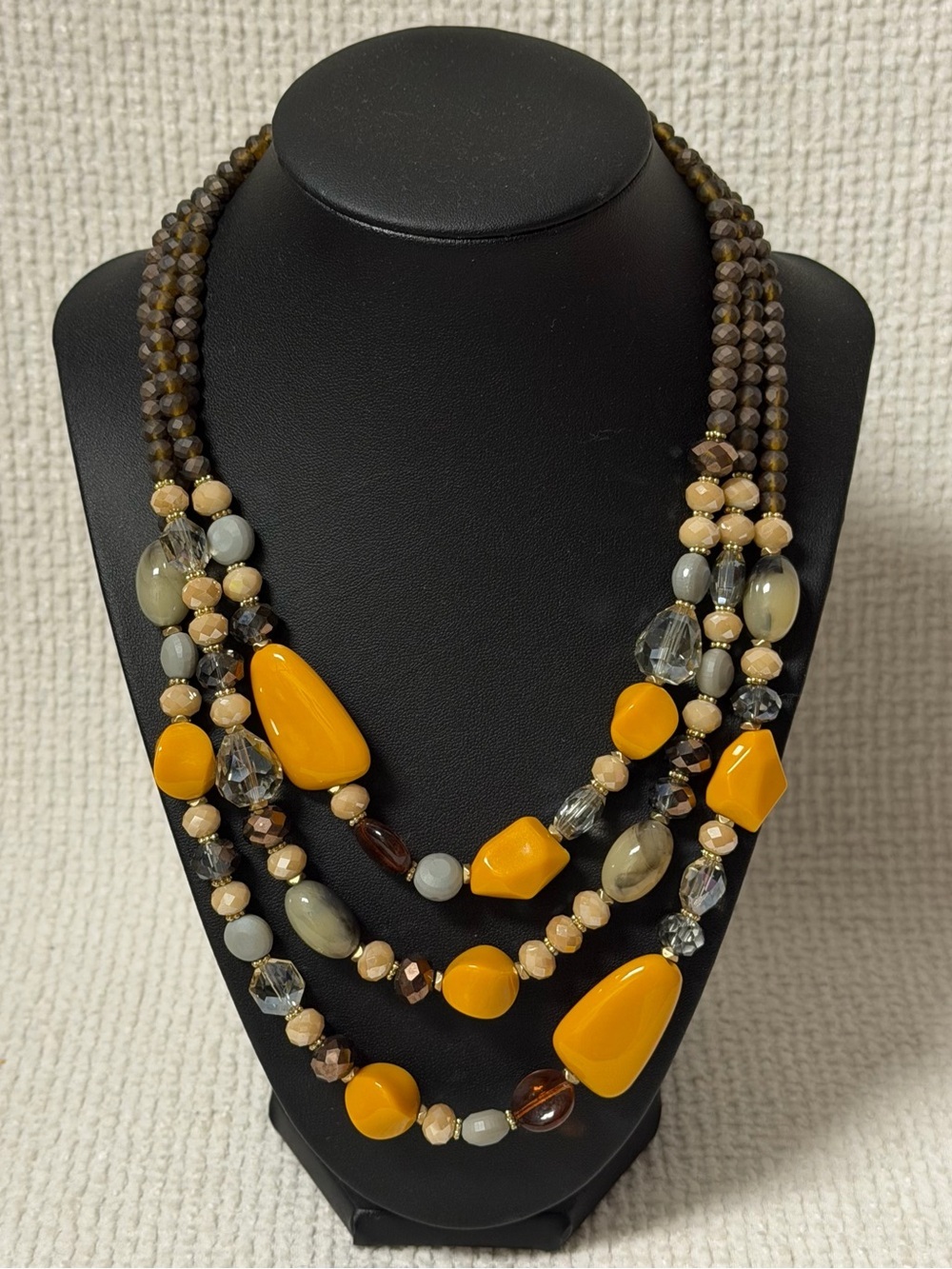 Vintage Triple Strand Glass Beaded Bohemian 
Statement Necklace